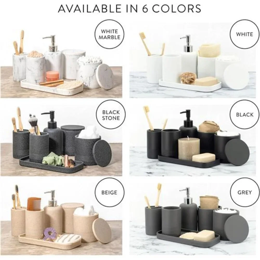 Black Bathroom Accessories Set 6 Pcs - Toothbrush Holder, Lotion Soap Dispensers